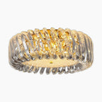 Modern round chandelier with intertwined gold and silver ribbons, warm LED glow, sculptural elegance.