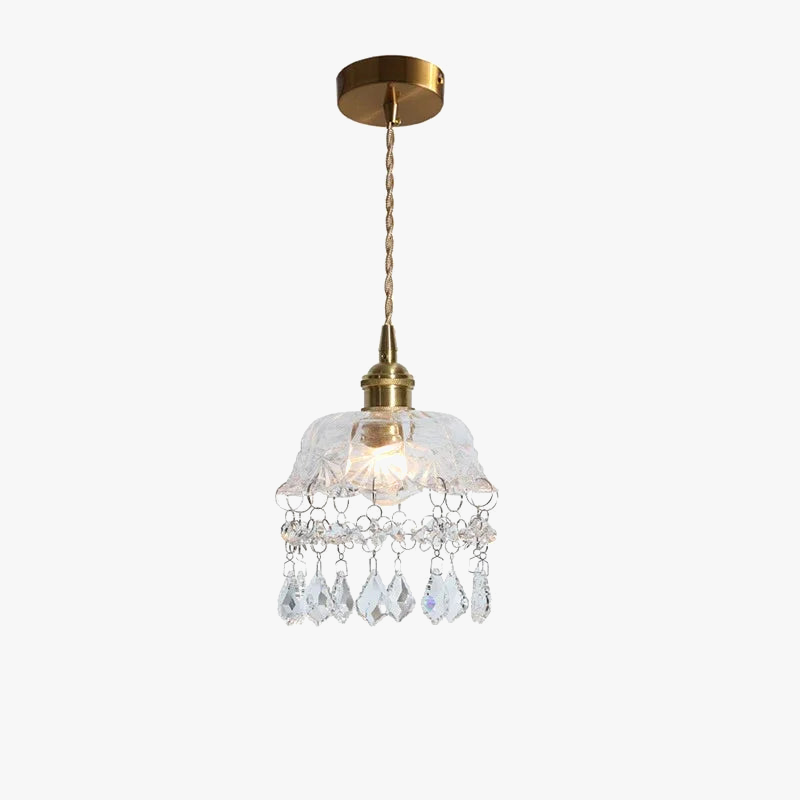 Vintage-inspired Nordic chandelier with clear glass, crystal accents, brass mount, and twisted cord.