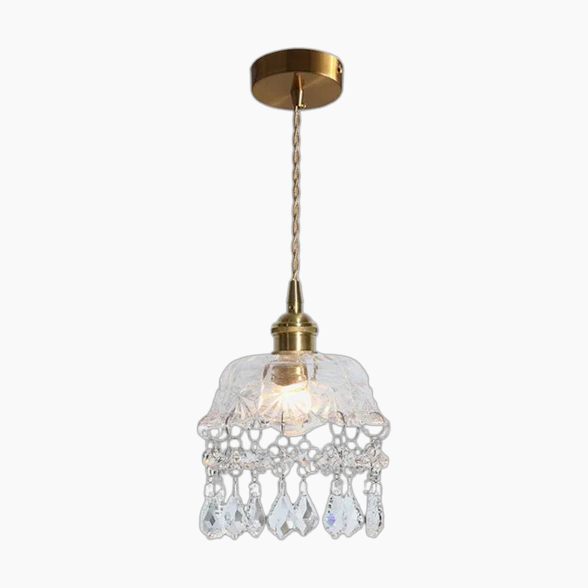 Brass and crystal Nordic chandelier with clear glass shade, twisted cord, and elegant crystal accents.
