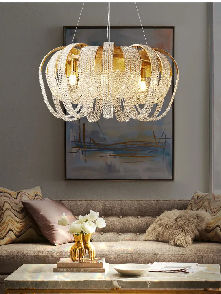 Maison Ornate Modern Nordic Crystal Chandelier with LED Tassels, featuring elegant, sparkling crystal details.