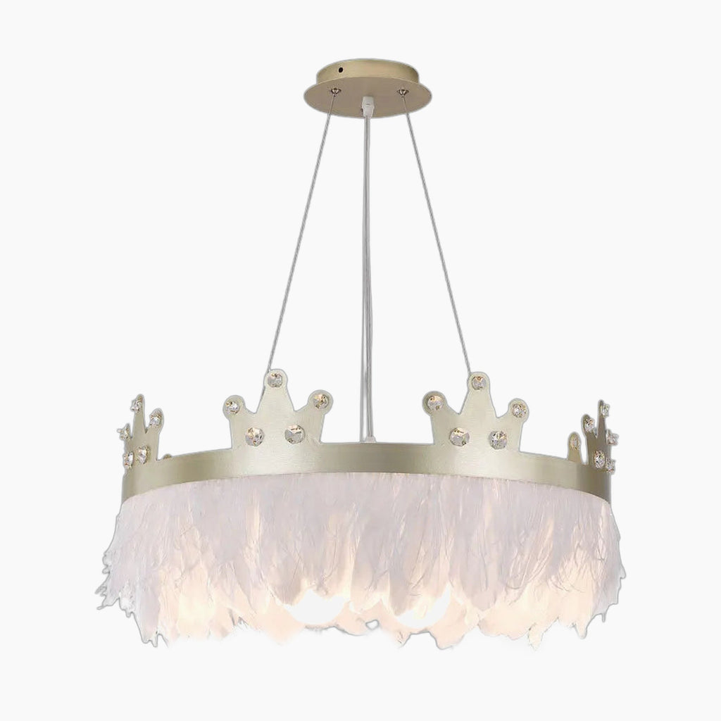 Gold crown chandelier with crystals, white feather trim, three-wire suspension, LED compatible.