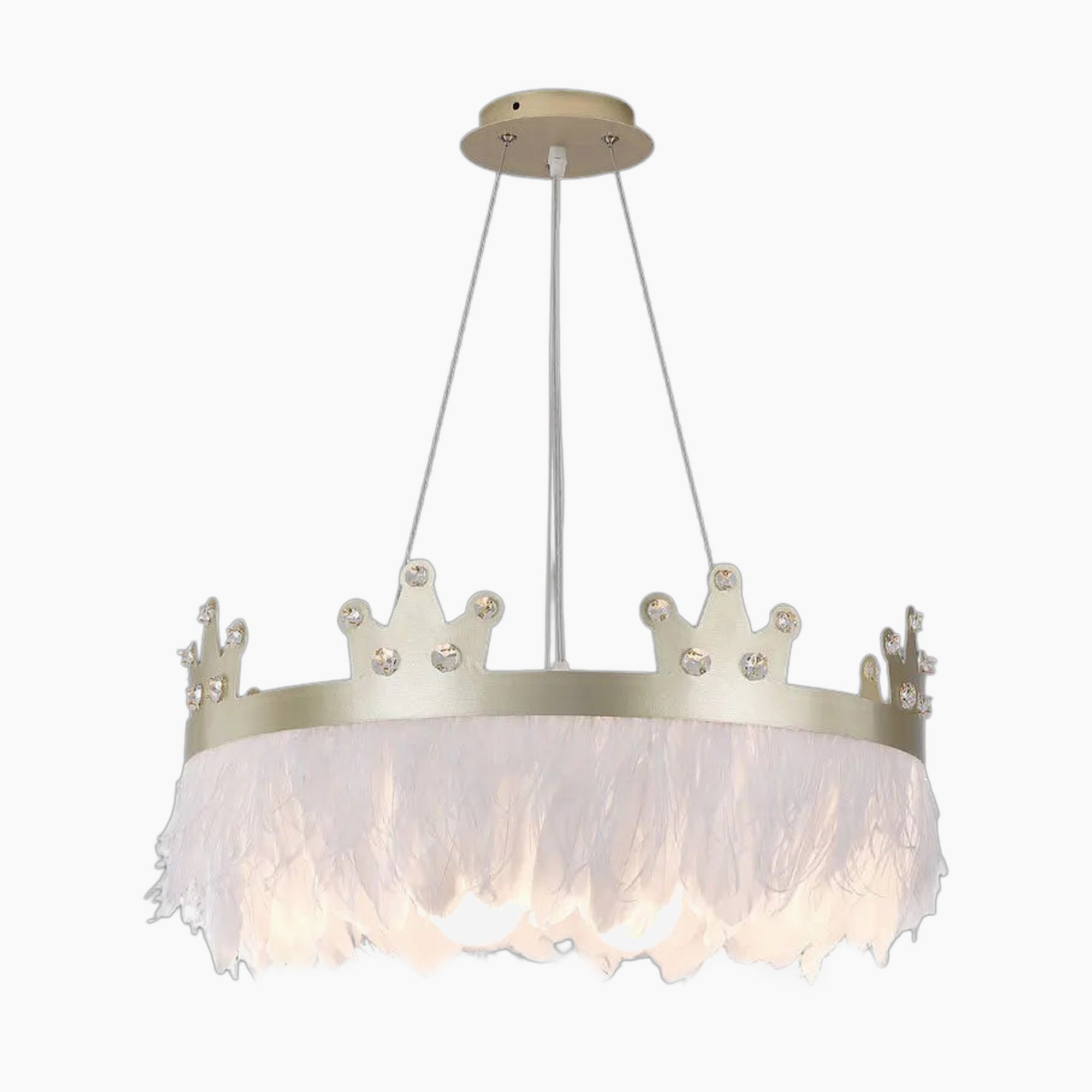 Gold crown chandelier with crystals, white feather trim, three-wire suspension, LED compatible.