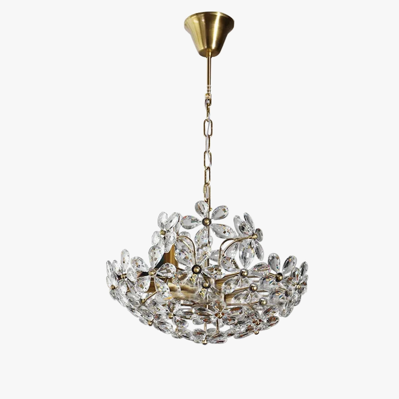 Crystal chandelier with clear glass floral petals, gold chain suspension, dimmable LED flowers, E26 compatible.
