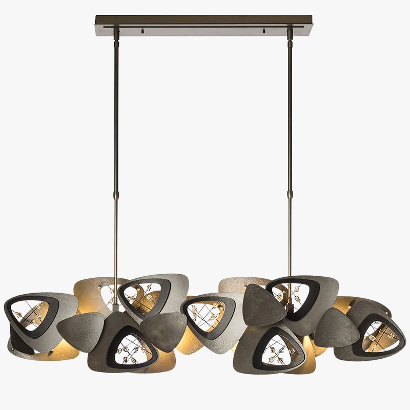 Postmodern chandelier with crystal ball pendant lights suspended from a rectangular ceiling mount.