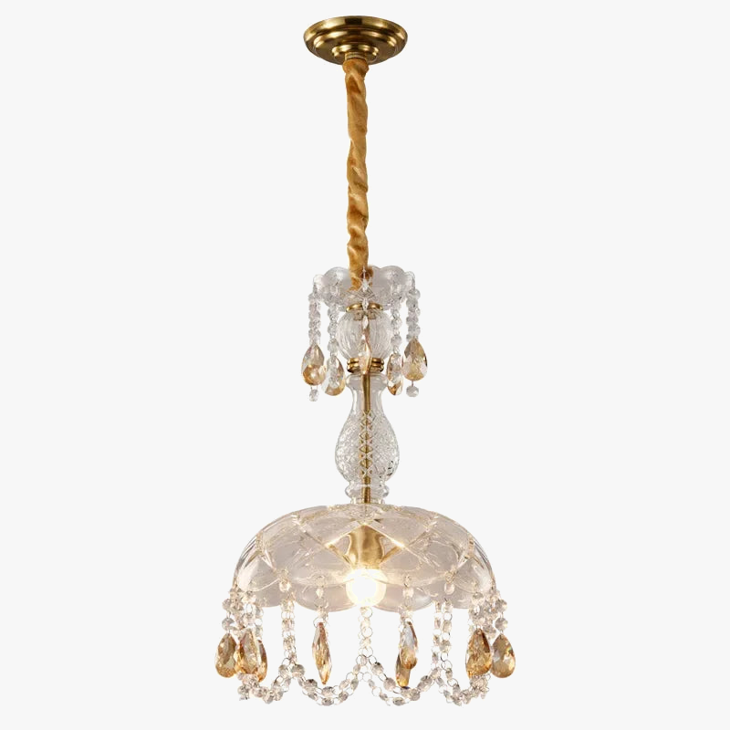 Gold-finished crystal chandelier with amber accents, patterned glass dome, and twisted cord for vintage elegance.