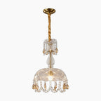 Maison Ornate Crystal Chandelier with LED lighting, glass dome shade, gold mount, and crystal droplets.