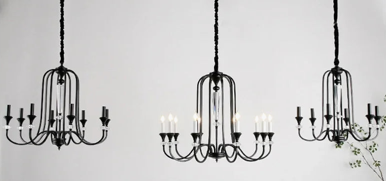 Set of three Maison ornate crystal chandeliers with LED bulbs and elegant luxury finish.