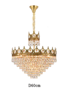 Gold crystal ball chandelier with crowned tiers, crystal accents, and luxe gold mount in retro style.