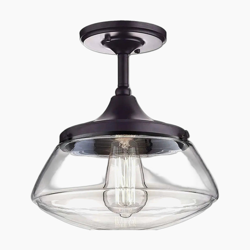 Retro industrial crystal chandelier with visible bulb, clear glass dome, and black metal base.