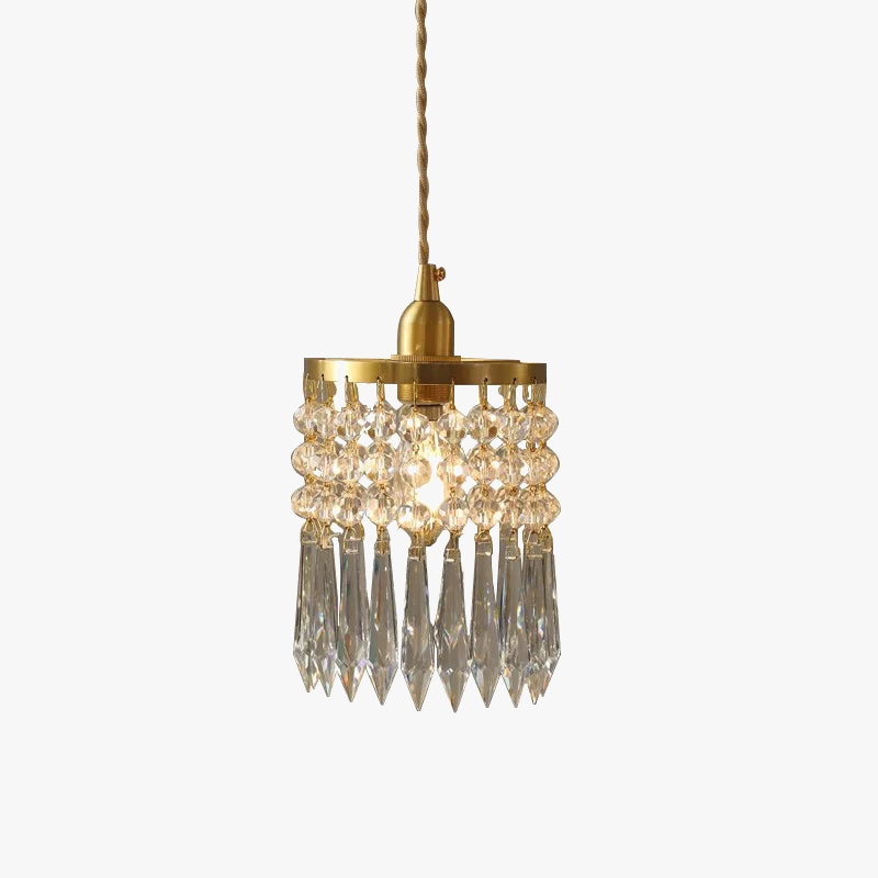 Copper-finished round chandelier with two crystal bead rows, long prisms, E14 compatible.