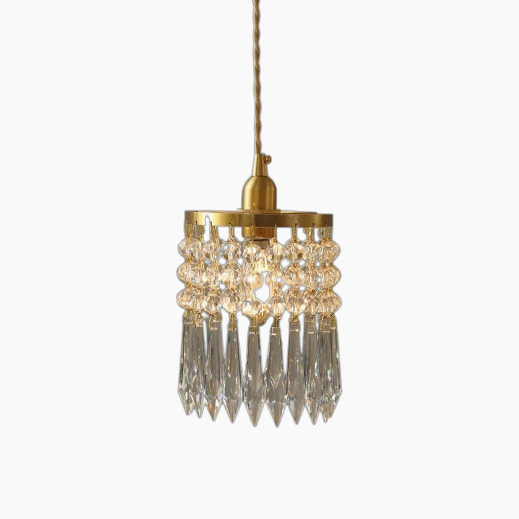 Gold circular frame chandelier with hanging crystal beads, elongated prisms, and twisted gold suspension.