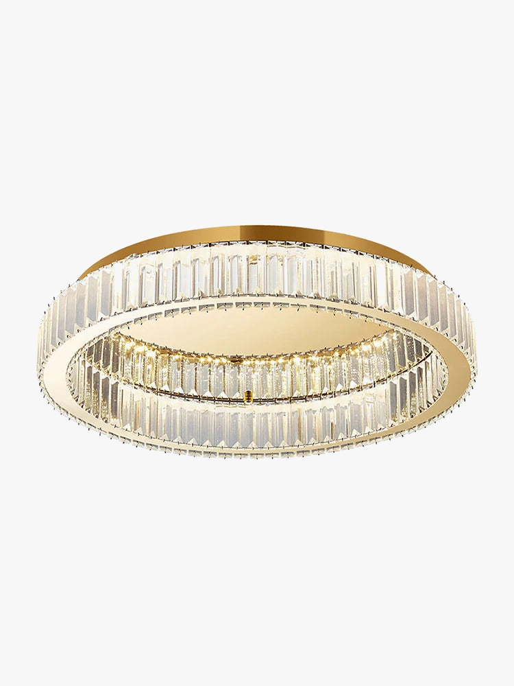 Gold-framed round chandelier with two crystal prism rings, offering a modern, dimmable luxury design.