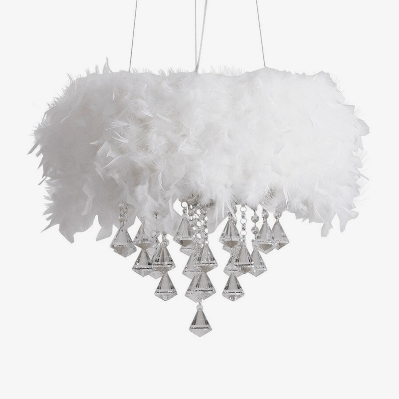 Round LED crystal chandelier with white feathers, tiered crystals, and elegant tassel accents.