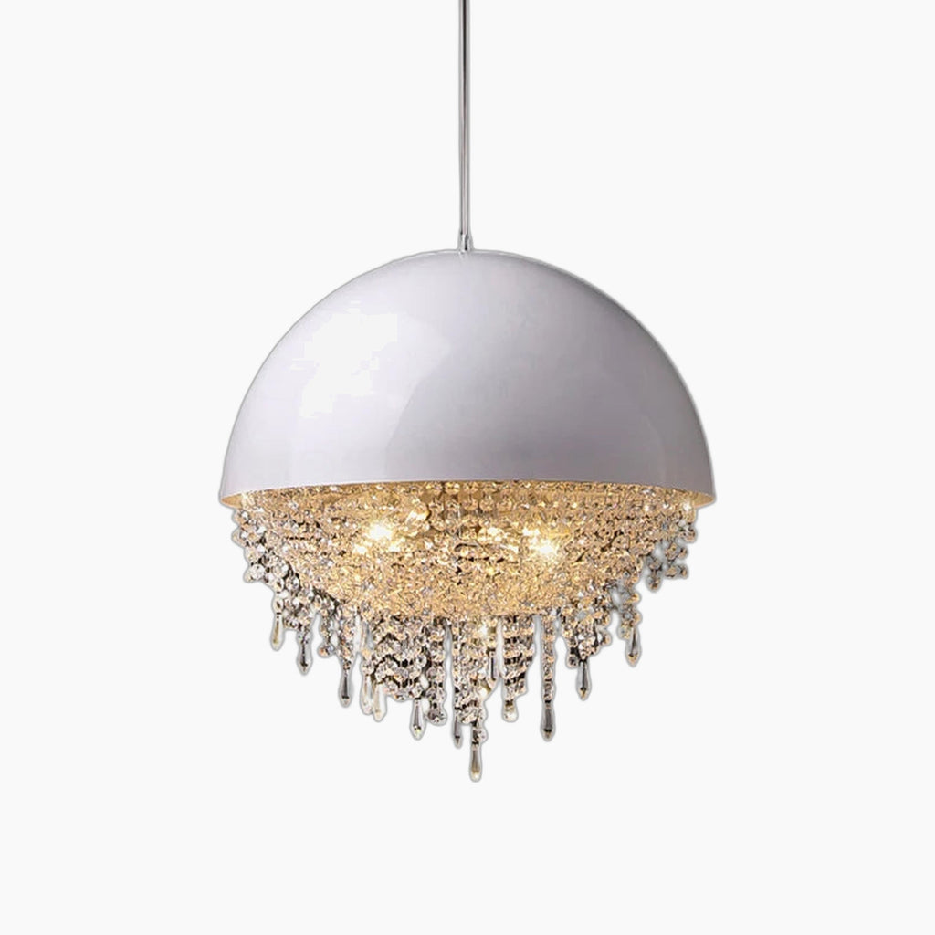 White dome chandelier with sparkling crystal accents, semi-flush mount, perfect as a bedroom statement.