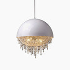 White dome chandelier with sparkling crystal accents, semi-flush mount, perfect as a bedroom statement.