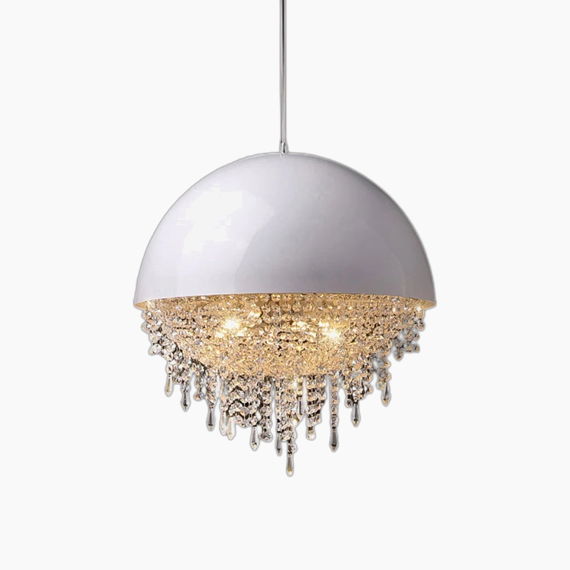 White dome chandelier with sparkling crystal accents, semi-flush mount, perfect as a bedroom statement.