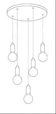 Line drawing of Maison Ornate Postmodern Crystal LED Chandelier with five staggered glass bulbs.