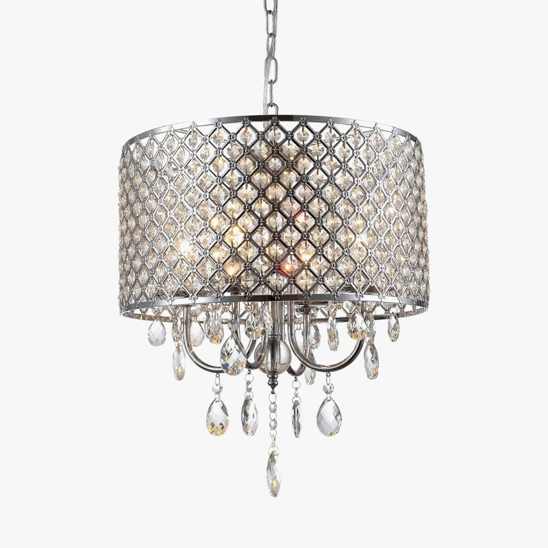 Drum-shaped iron chandelier with lattice shade, crystal pendants, multiple E14 lights, and chain suspension.