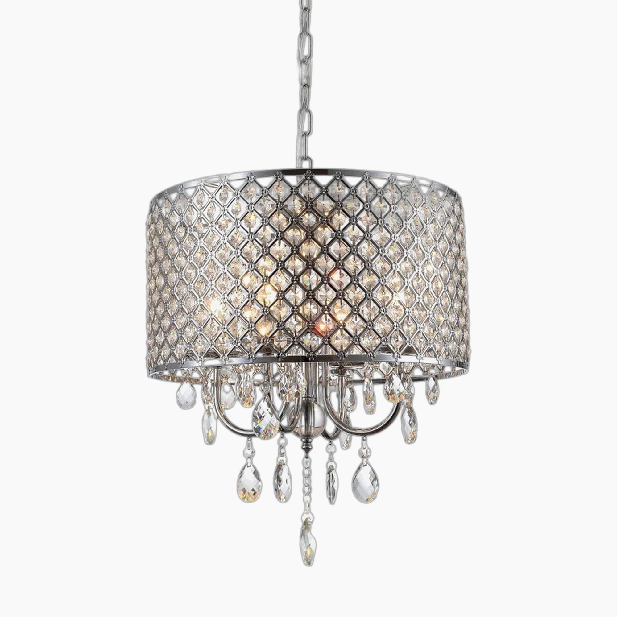 Round lattice metal chandelier with crystal droplets, LED compatible, suspended by chain for elegance.