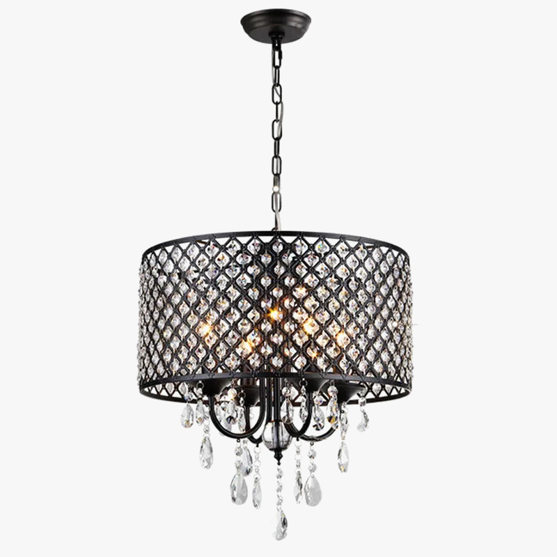 Black lattice drum chandelier with hanging crystals, LED lights, and chain suspension; vintage American style.