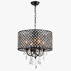Black lattice drum chandelier with hanging crystals, LED lights, and chain suspension; vintage American style.
