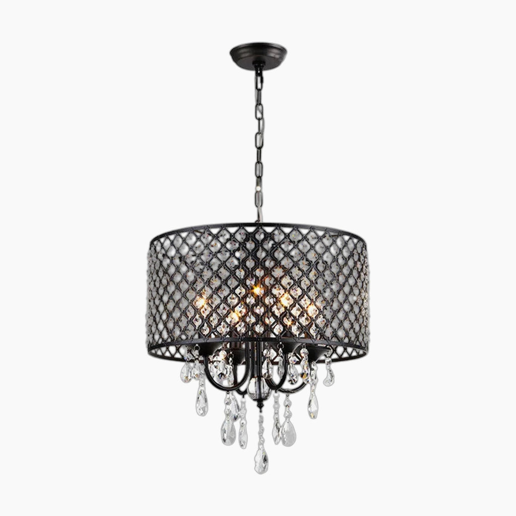 Black iron crystal chandelier with lattice-patterned shade, chain suspension, visible bulbs, and clear crystal pendants.