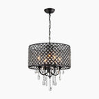 Black iron crystal chandelier with lattice-patterned shade, chain suspension, visible bulbs, and clear crystal pendants.