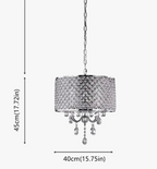 Vintage American-style crystal iron chandelier with diamond-patterned shade, crystal pendants, and chain suspension.