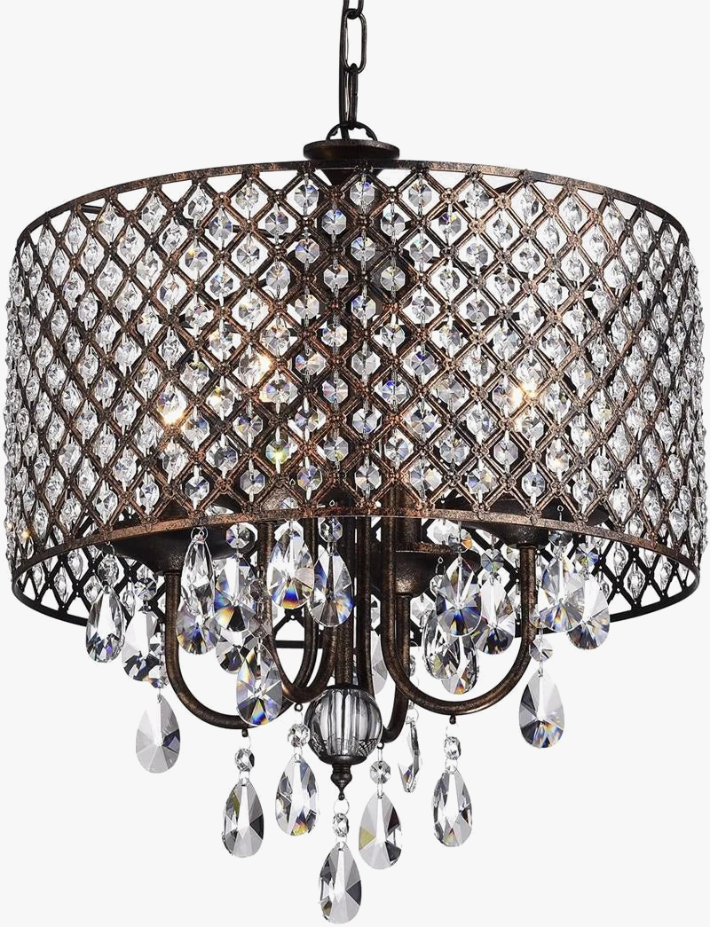 Ornate vintage American-style chandelier with bronze frame, sparkling crystals, pendants, and LED-compatible lights.
