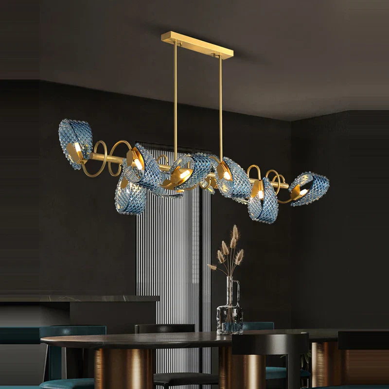 Maison Ornate Crystal Glass Chandelier with LED golden frame and blue textured glass shades.