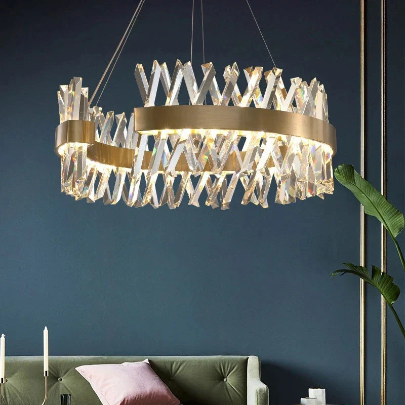 Maison Ornate Crystal Chandelier with gold finish and crisscross accents, elegant indoor lighting fixture.