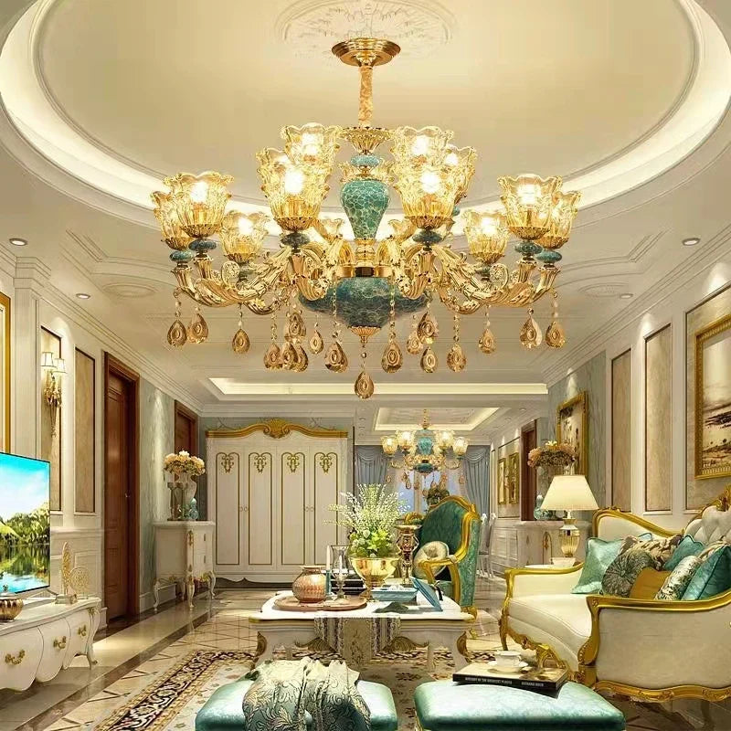 Maison Ornate’s Baroque Crystal and Ceramic Chandelier, detailed lighting with elegant crystal accents.