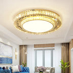 Maison Ornate Round Crystal Glass LED Chandelier with two gold rings and sparkling crystals.
