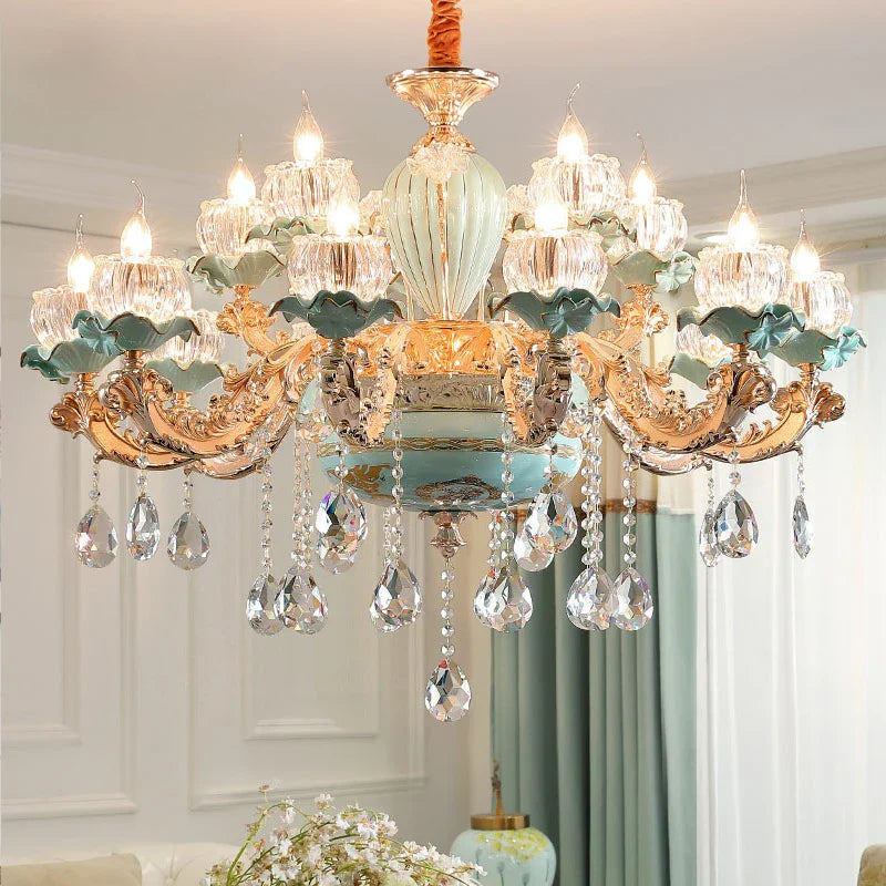 Maison Ornate retro European chandelier with gold, blue accents, flower bulbs, and crystal droplets.