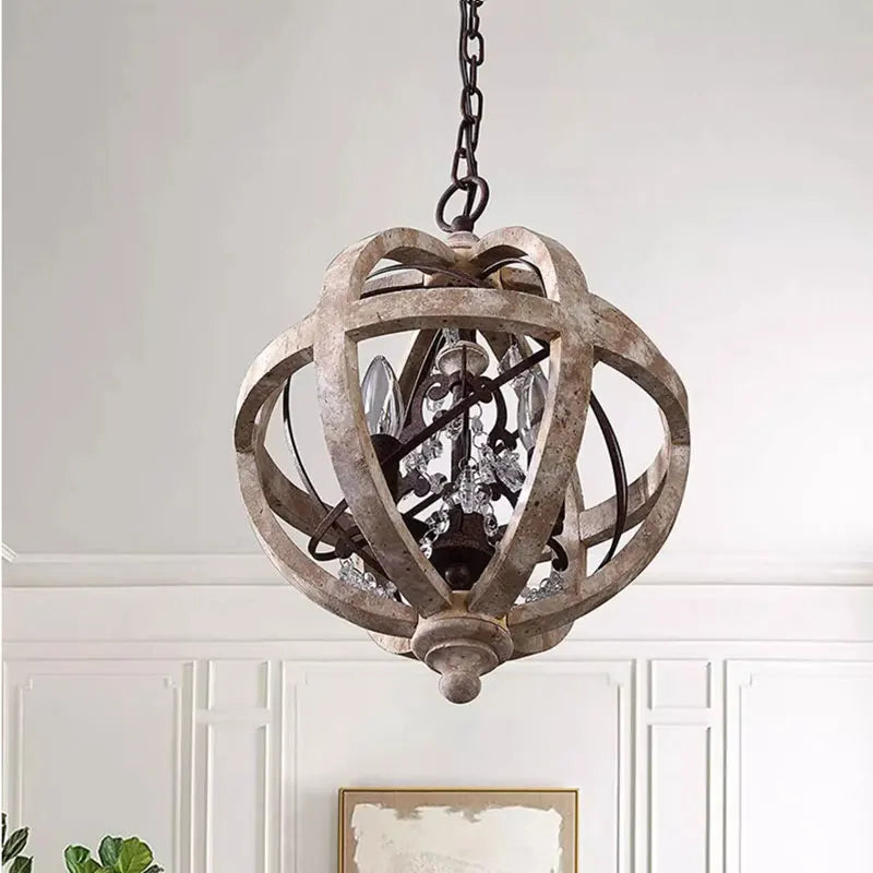 Rustic American country chandelier with spherical wood frame, exposed bulbs, and crystal accents.