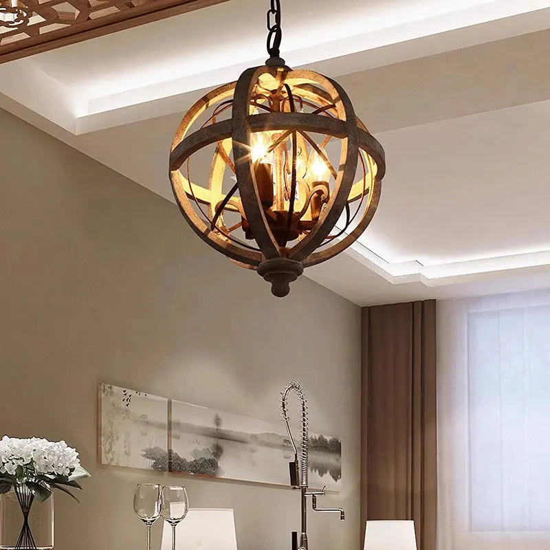 lustre en bois style campagne américaine avec détails en cristal vintage