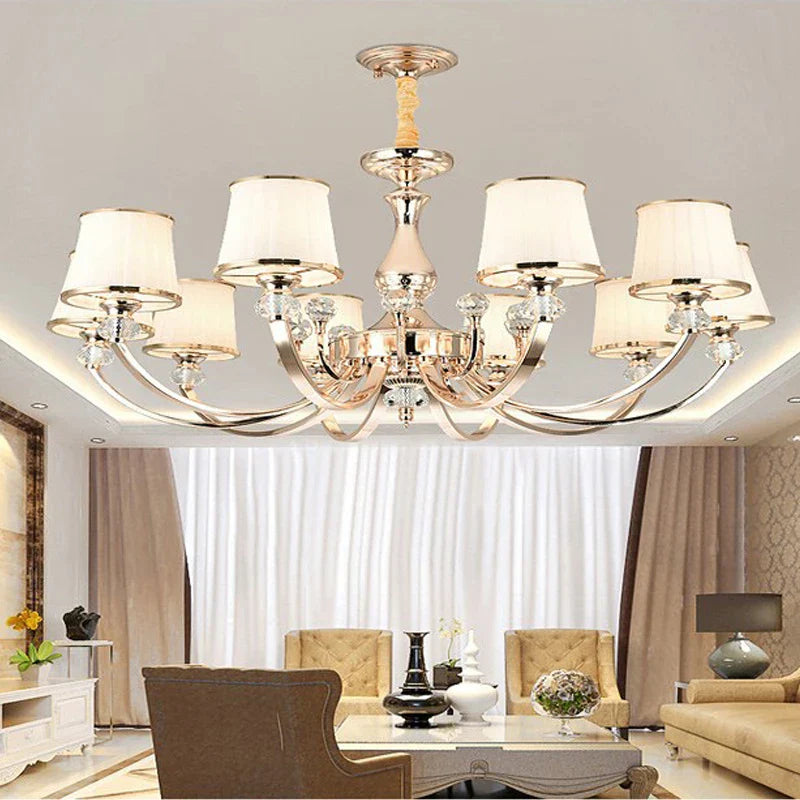 Luxury Baroque Crystal Chandelier by Maison Ornate with elegant curves and white LED lampshades.
