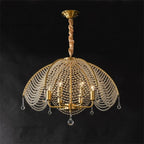 Nordic chandelier with gold copper elements, dome shape, crystal beads, and six candle-style lights.