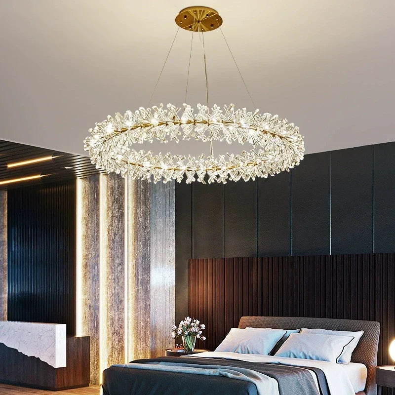 Maison Ornate Crystal Hallway Chandelier with light rings and floral elements, dramatic modern lighting.