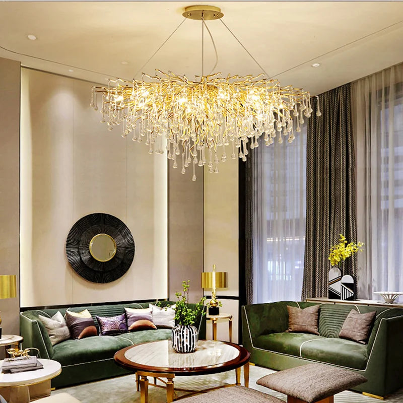 Maison Ornate Modern Interior LED Crystal Chandelier, featuring sparkling crystals and elegant gold details.
