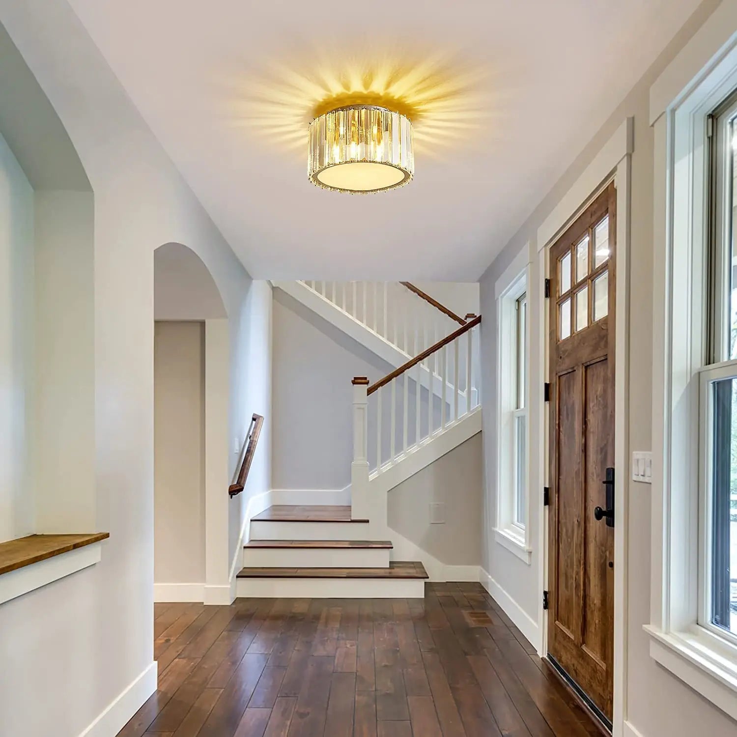 Maison Ornate Luxurious Round Crystal Hallway LED Chandelier, elegant design with warm, radiant illumination.