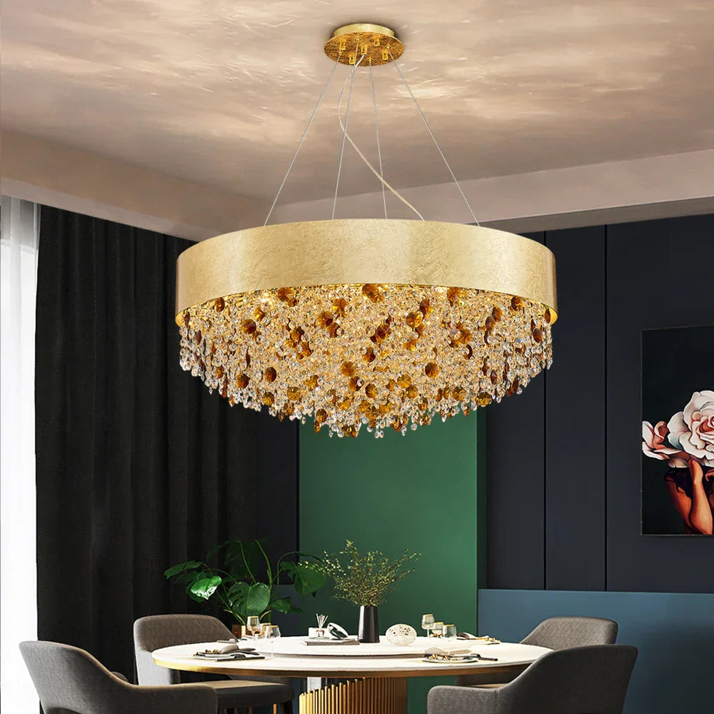 Maison Ornate Modern Dimmable Gold Crystal Glass LED chandelier shines with elegant, intricate design.