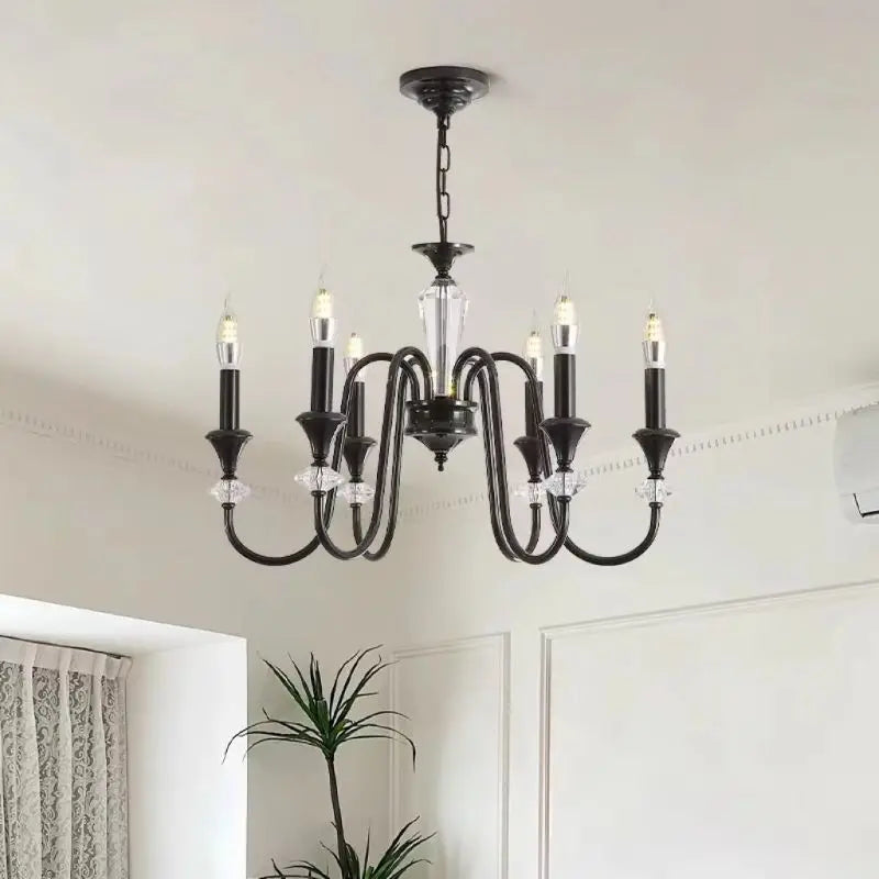 Maison Ornate Vintage Crystal Chandelier with six candle-style bulbs and black metal accents.