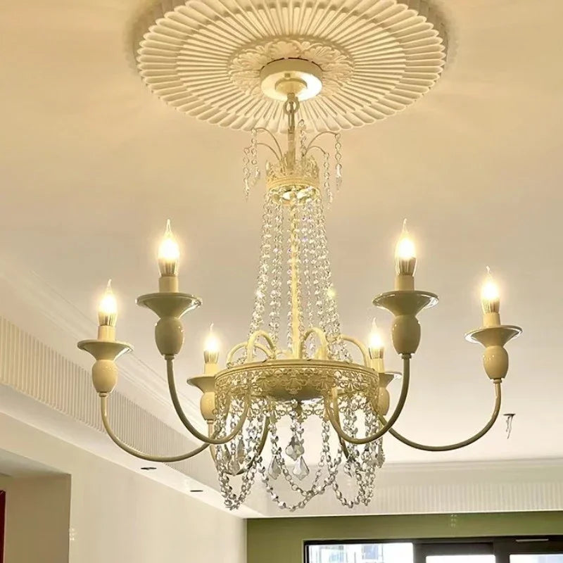 French-style chandelier with eight candle lights, crystal chains, ceiling medallion, semi-flush mount. E14 LED compatible.