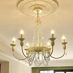 French-style chandelier with eight candle lights, crystal chains, ceiling medallion, semi-flush mount. E14 LED compatible.