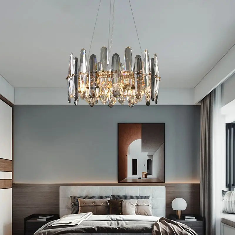 Maison Ornate Dimmable K9 Crystal Chandelier with integrated LED lighting, modern and decorative.