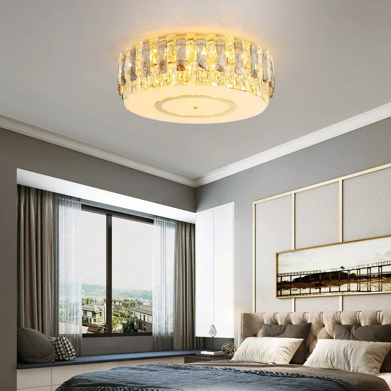 Maison Ornate Dimmable LED Crystal Glass Chandelier Round, elegant crystal fixture casting warm light.