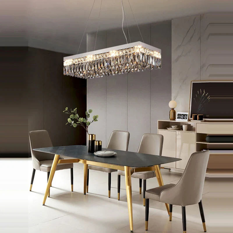 The Maison Ornate Rectangular LED Crystal Chandelier, featuring elegant crystals in a sleek modern design.