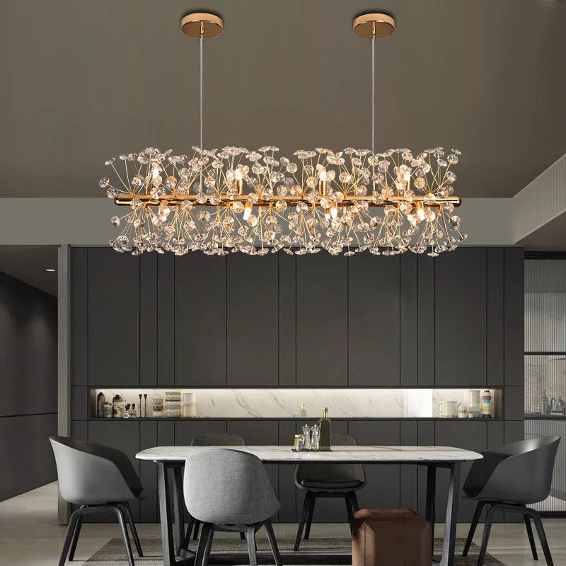Maison Ornate LED Crystal Dandelion Style Chandelier with gold branches and sparkling crystal accents.