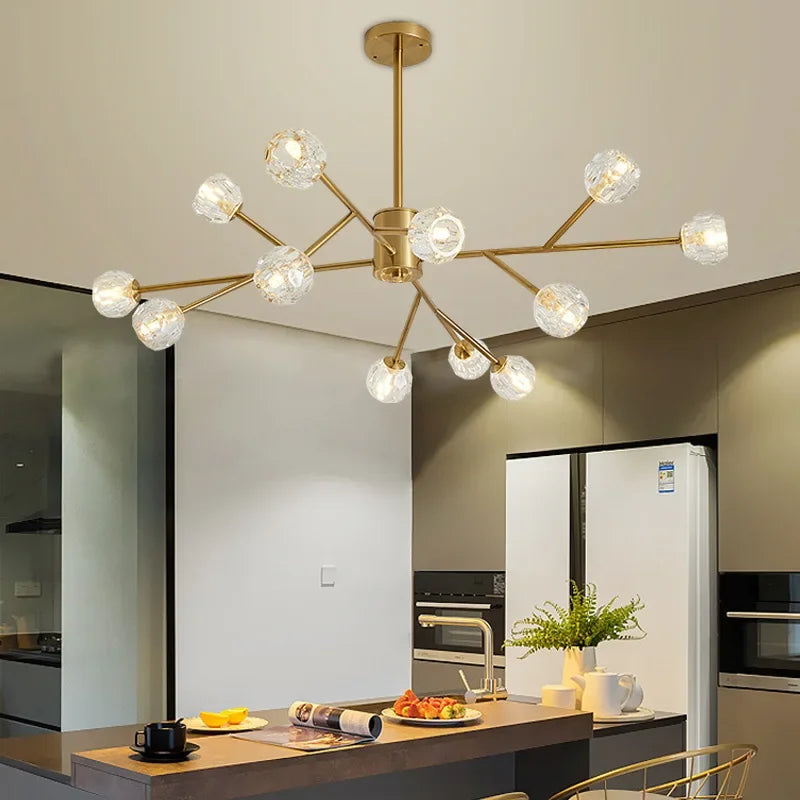 Maison Ornate Modern Nordic Hanging LED Crystal Hallway Chandelier with glass globe bulbs suspended elegantly.